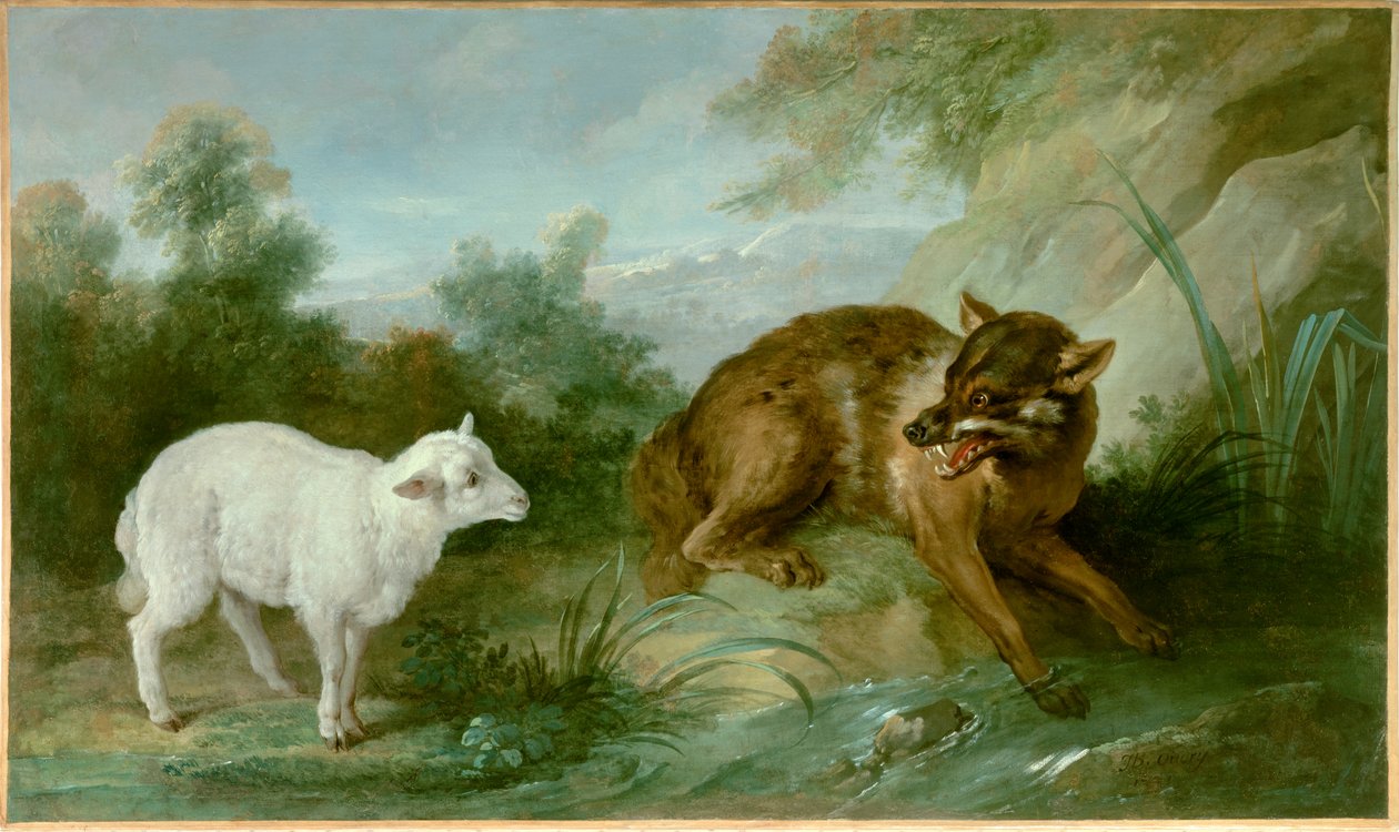 O lobo e o cordeiro. Ilustração de uma fábula de Jean de La Fontaine (1621-1695). Pintura de Jean Baptiste Oudry (1686-1755) de Jean Baptiste Oudry