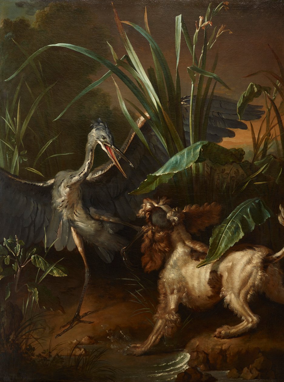Spaniel de água em confronto com uma garça de Jean Baptiste Oudry
