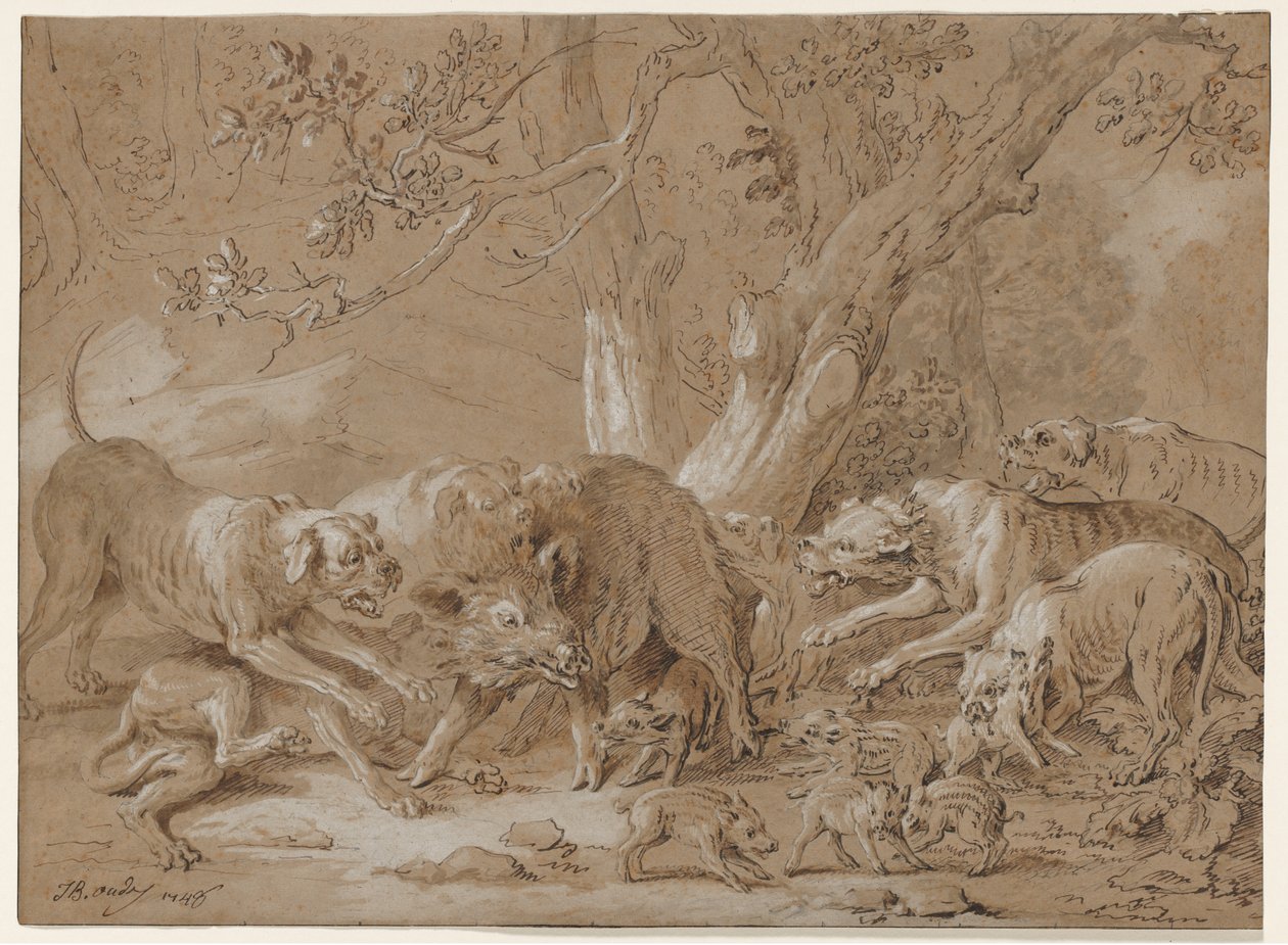 Porca selvagem e seus jovens atacados por cães, 1748. de Jean Baptiste Oudry