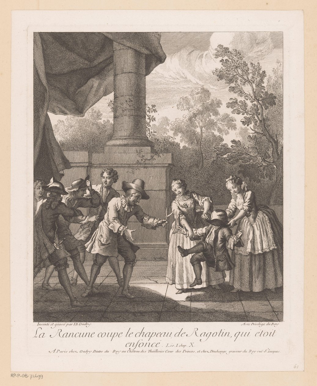 Trabalho feito por hoed van Ragotin La Rancune corta o chapéu de Ragotin (título do objeto) Cenas de Roman Comique van Scarron (título da série) de Jean Baptiste Oudry