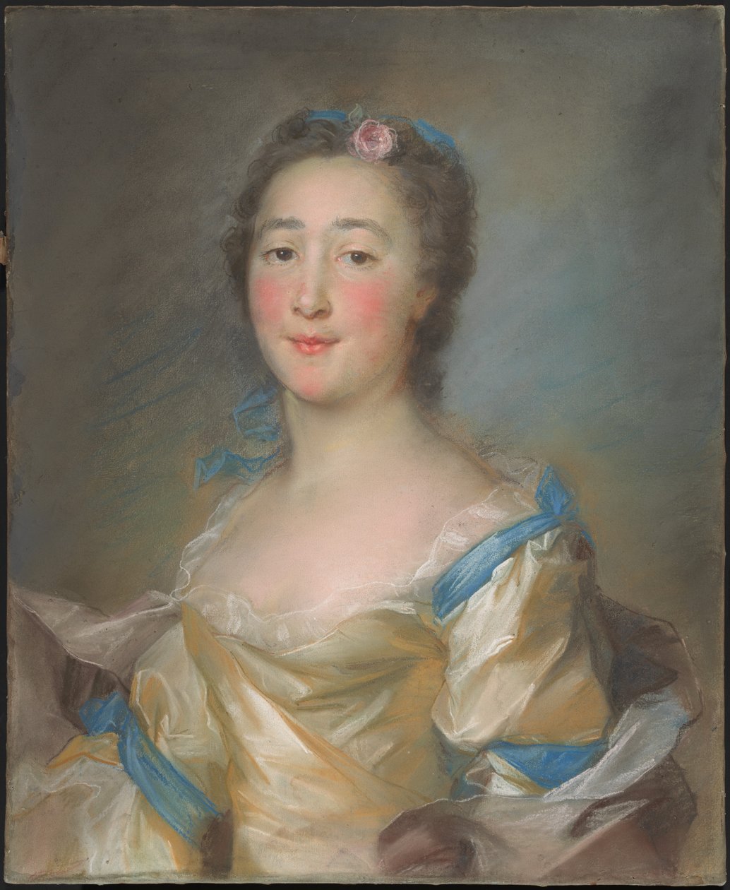 Uma jovem em um vestido amarelo com fitas azuis de Jean Baptiste Perronneau