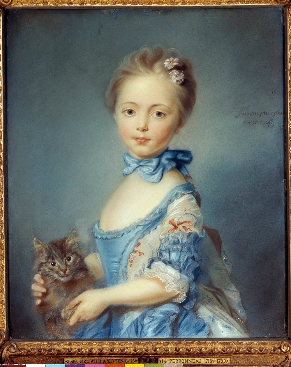 Retrato da Menina com Pintura de Gato em Pastel de Jean-Baptiste Perroneau (Jean Baptiste Perronneau) (1715-1783) de Jean Baptiste Perronneau