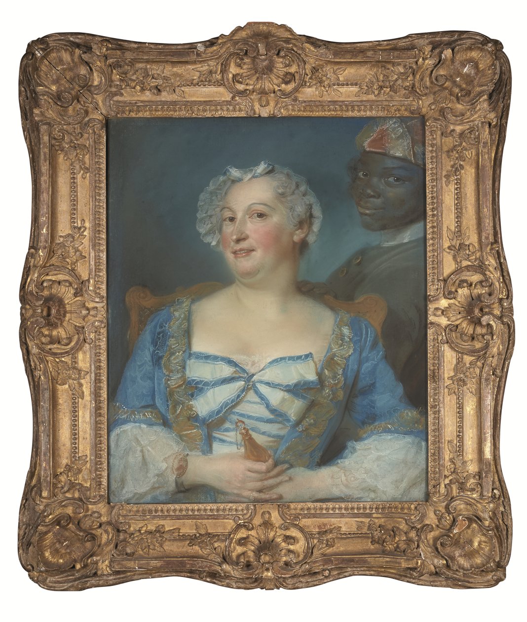 Retrato de uma mulher de vestido azul e do seu criado negro de Jean Baptiste Perronneau