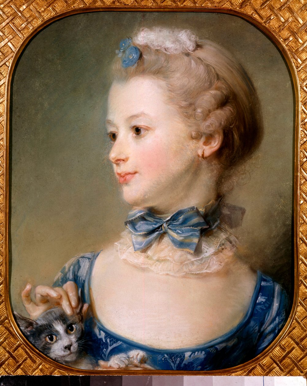 Retrato de uma menina com um gato - A menina tem uma fita e um véu leve no pescoço com um nó e acaricia a cabeça de um gato com a ponta dos dedos - Pintura em pastel de Jean-Baptiste Perroneau (Jean Baptiste Perronneau) (1715-1783) 18 cêntimos de Jean Baptiste Perronneau