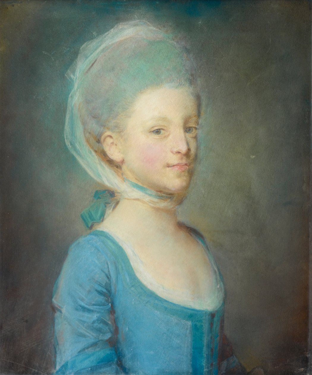 Retrato, jovem, mulher, desgastar, lenço, listrado, gaze de Jean Baptiste Perronneau