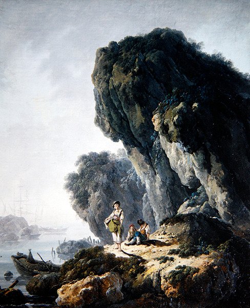 Uma Paisagem Costeira com Figuras sobre uma Rocha (óleo sobre tela) de Jean Baptiste Pillement