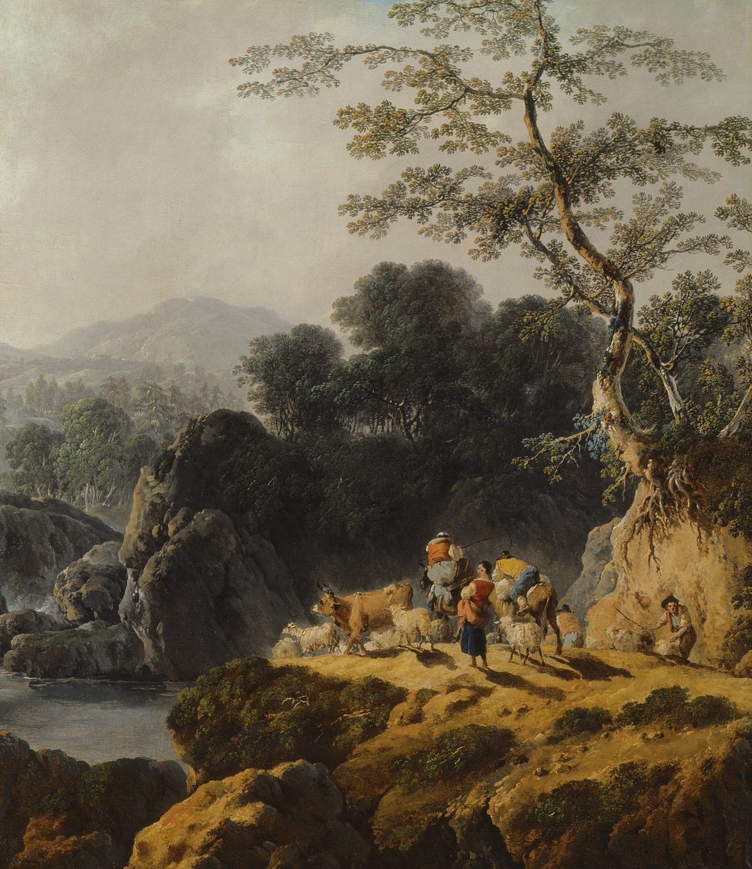 Uma paisagem do vale do rio com pastores e viajantes de Jean Baptiste Pillement