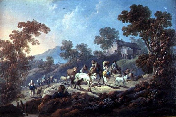 Uma paisagem arborizada rochosa (óleo sobre tela) de Jean Baptiste Pillement