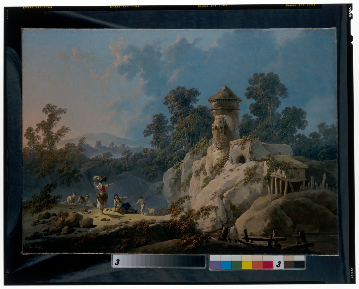 Uma paisagem extensa com pastores a descansar com os seus rebanhos por baixo de uma torre de Jean Baptiste Pillement