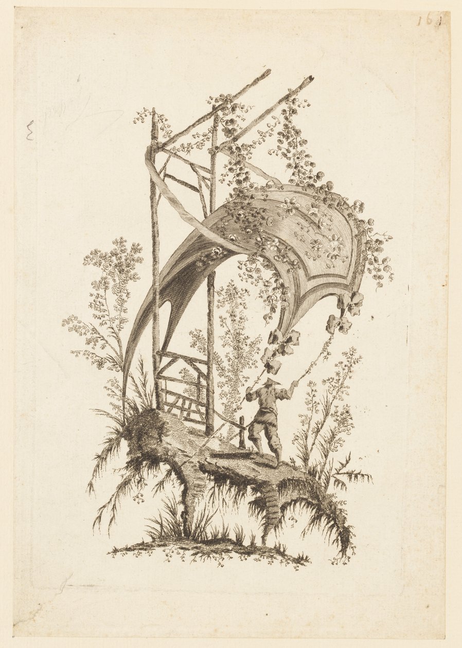 Figura Segurando Dois Cantos de Tenda, de "Recueil des Tentes Chinoises" de Jean Baptiste Pillement