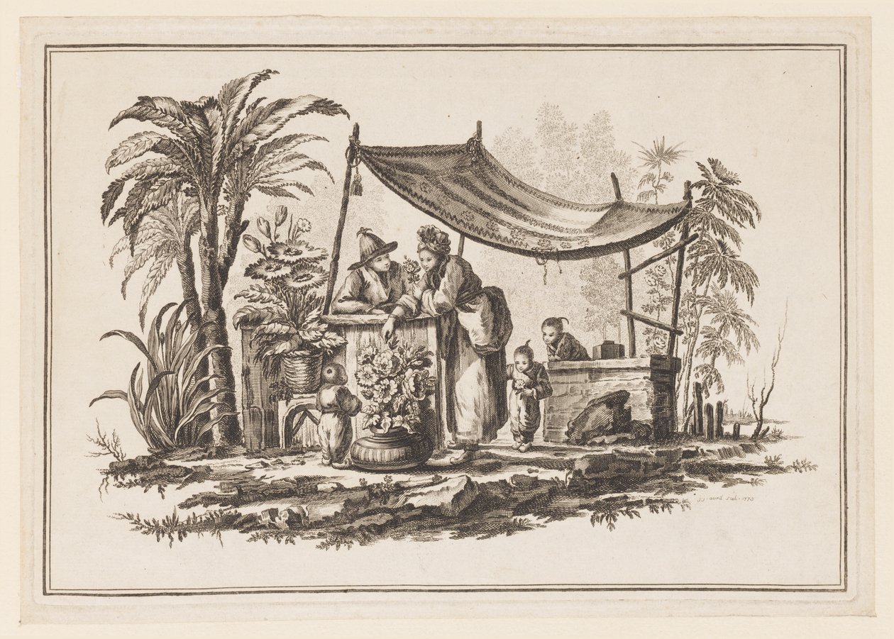 Figuras com um vaso de flores, de "Novo caderno de seis folhas de diferentes assuntos históricos chineses" de Jean Baptiste Pillement