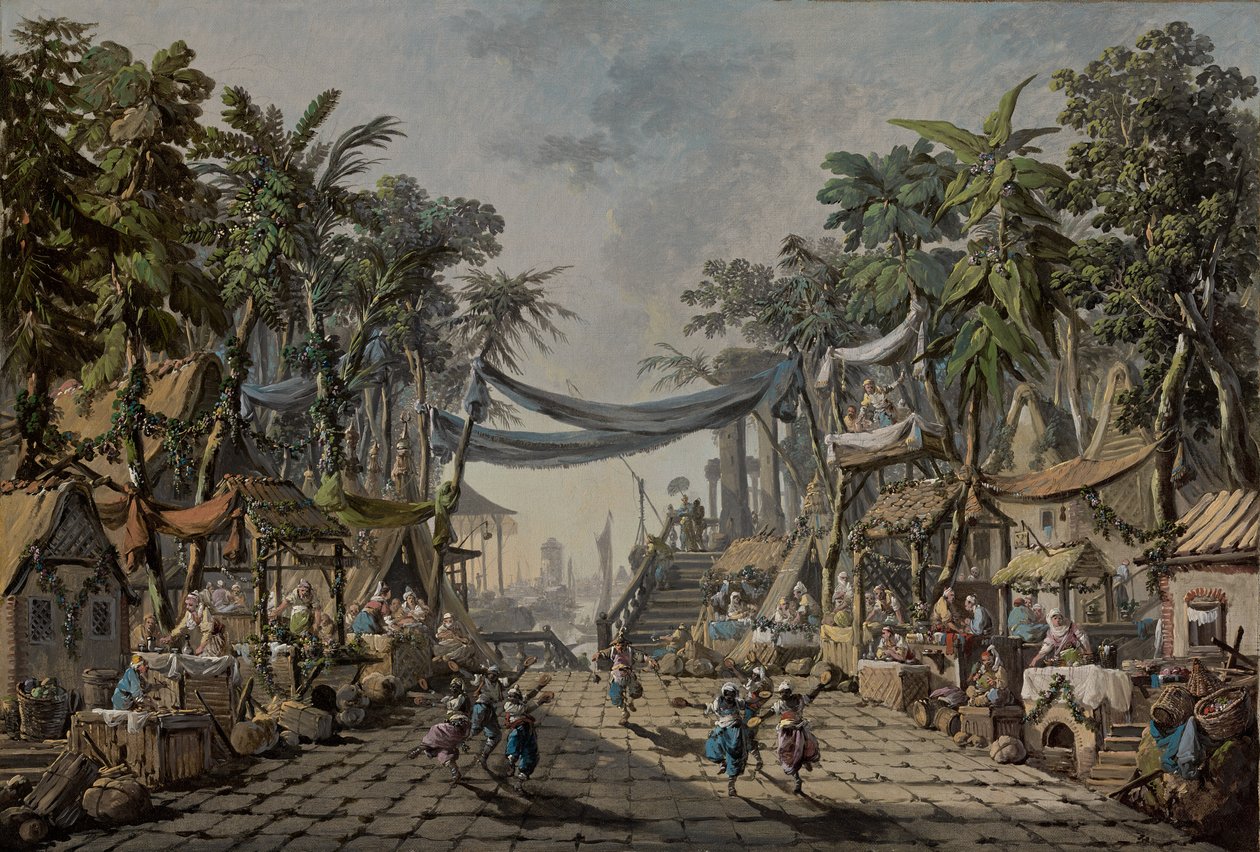 Cena de mercado num porto oriental imaginário de Jean Baptiste Pillement