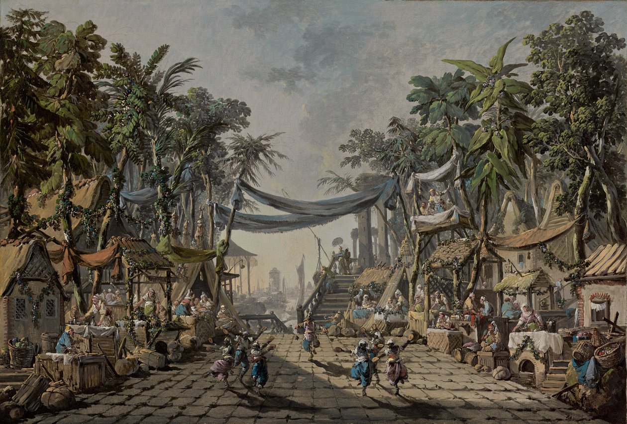 Cena de Mercado num Porto Oriental Imaginário, c. 1764 (óleo sobre tela) de Jean Baptiste Pillement