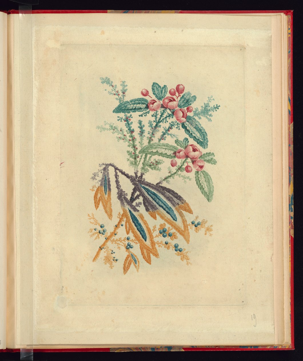 Desenho Ornamental com Pequenas Flores Vermelhas e Bagas, da Nova Suíte de Cadernos de Flores Naturais para Uso de Desenhistas e Pintores, No.1 de Jean Baptiste Pillement