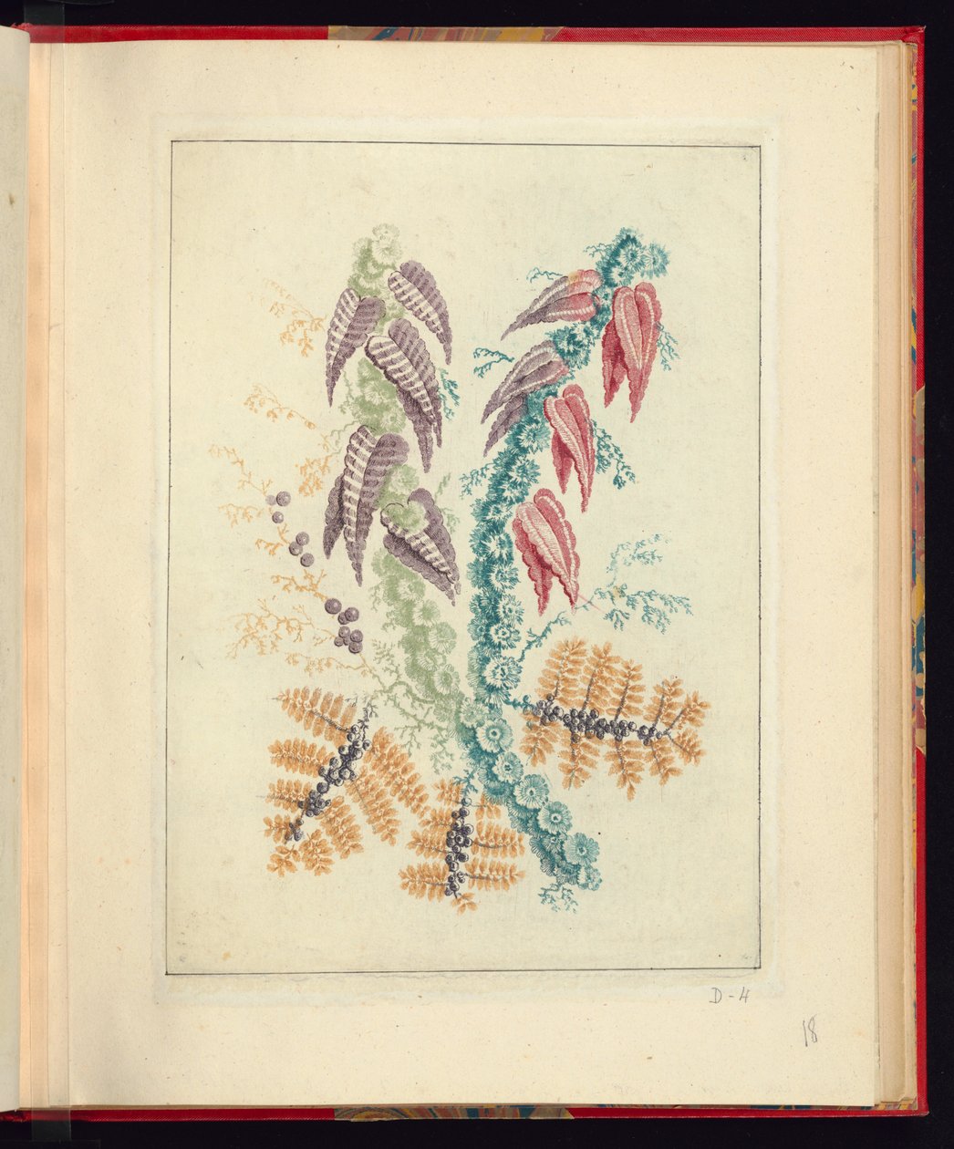 Desenho Ornamental com Folhas Triangulares Roxas e Vermelhas, da Nova Suíte de Cadernos de Flores Naturais para Uso de Desenhistas e Pintores, No.1 de Jean Baptiste Pillement