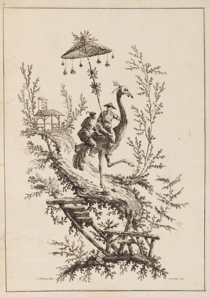 Rirders de avestruz, prato de um conjunto de representações de chinoiserie de Jean Baptiste Pillement