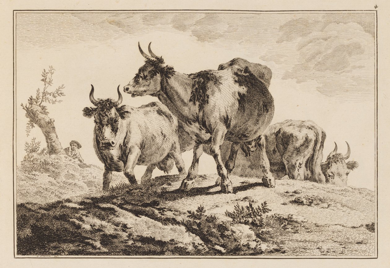 Placa 4, do "Caderno de Seis Folhas de Bois e Vacas" de Jean Baptiste Pillement