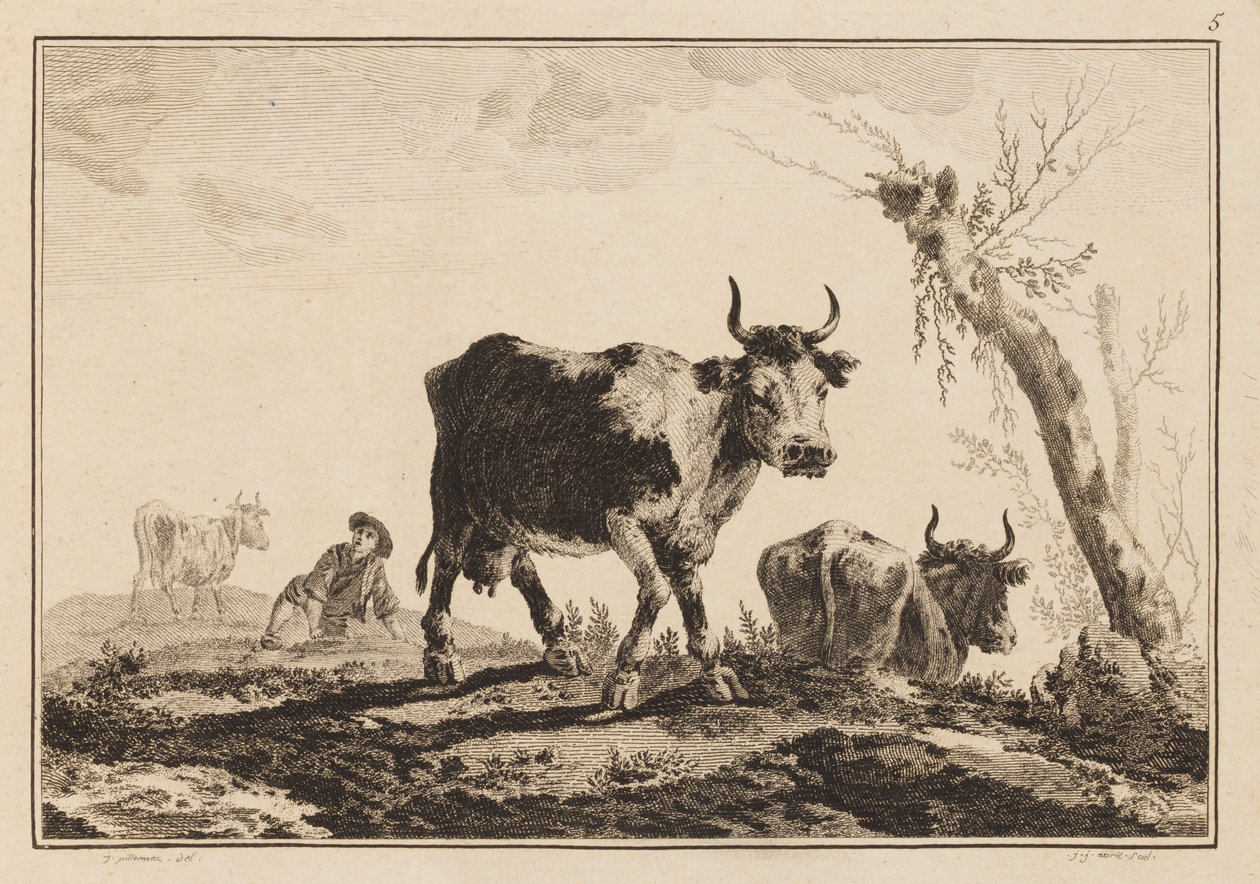 Placa 5, "Caderno de seis folhas de bois e vacas" de Jean Baptiste Pillement