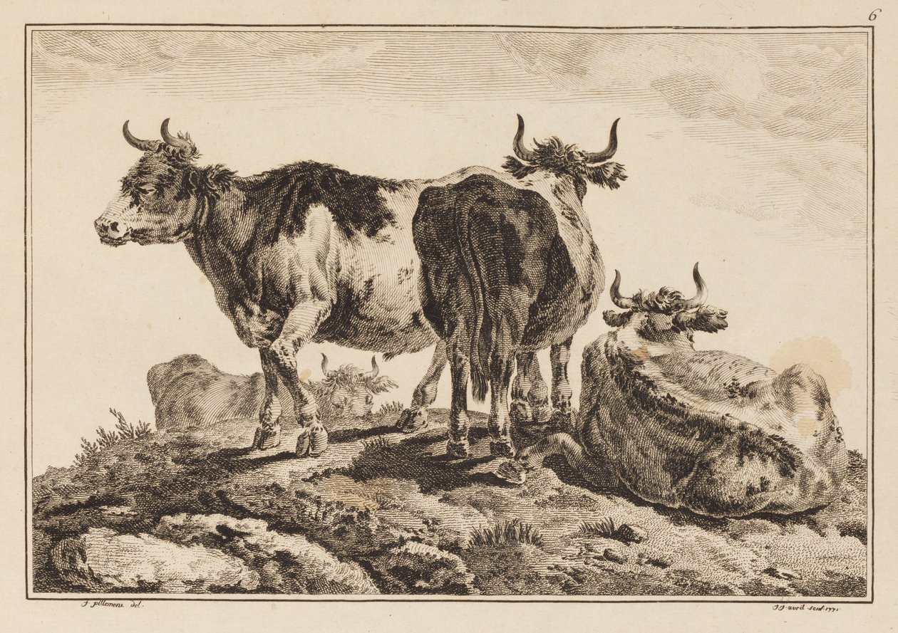 Placa 6, do "Caderno de Seis Folhas de Bois e Vacas" de Jean Baptiste Pillement