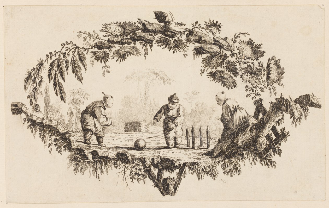 Três figuras brincando com uma bola, da "Coleção de vários jogos infantis chineses" de Jean Baptiste Pillement