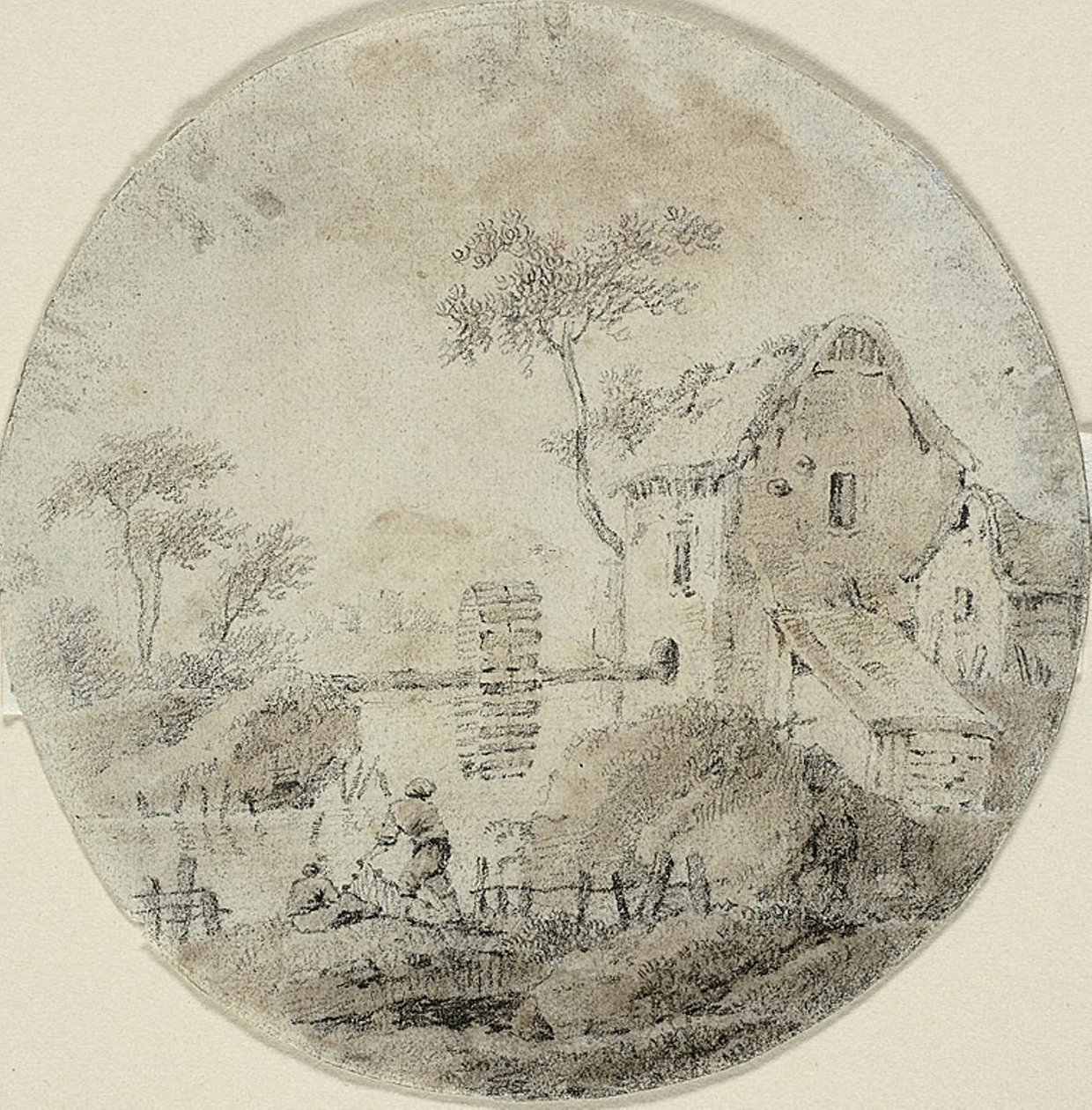 Moinho de água com figuras ao lado do rio de Jean Baptiste Pillement