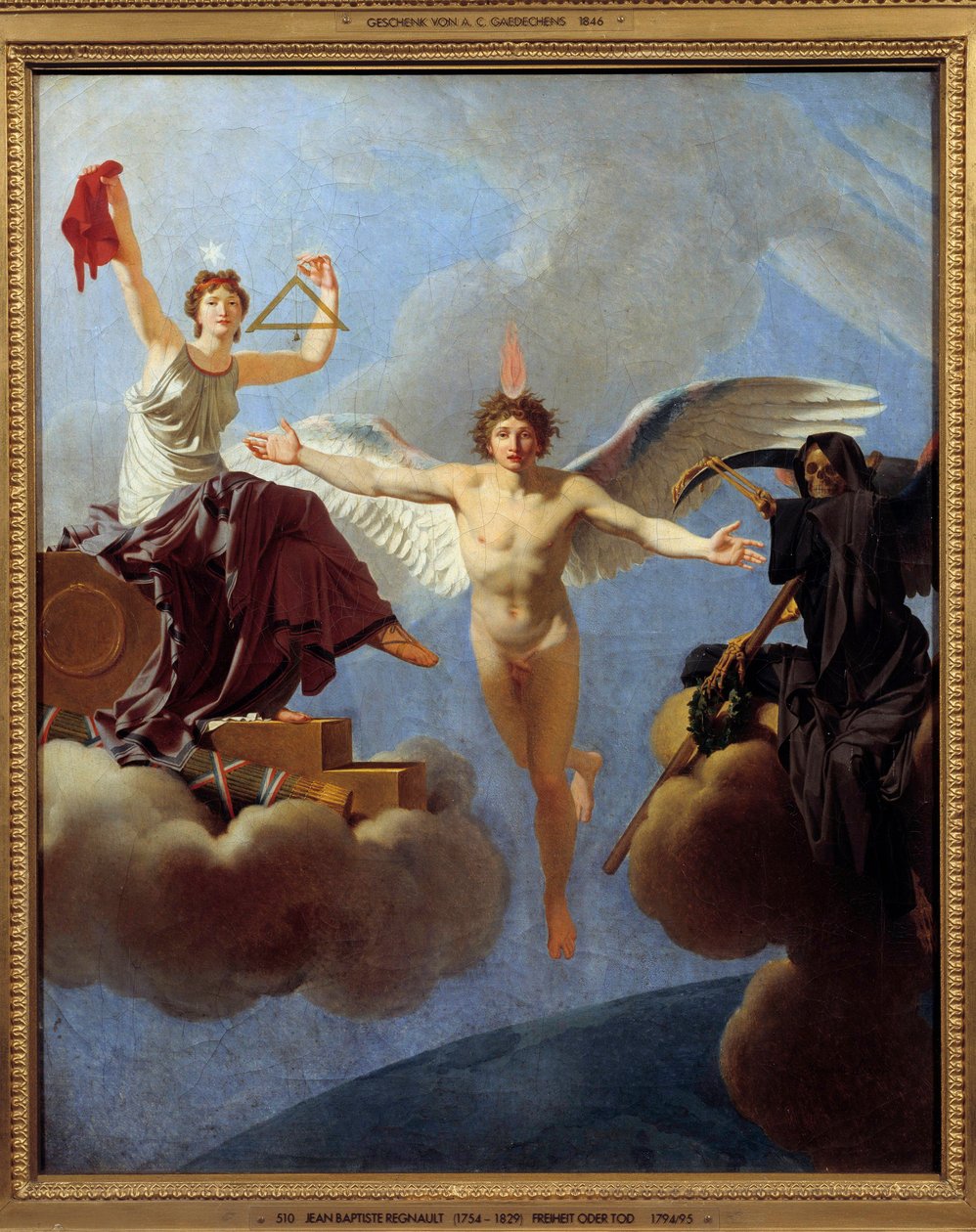 La Liberte ou la Mort Allegorie de la Liberte à esquerda, coberto pelo Diademe de la Reason, património da Siecle des Lumieres. Com a mão esquerda, ela empunha a praça e o fio condutor, simbolizando a igualdade na cidadania. Ele encarna os valores do t de Jean Baptiste Regnault