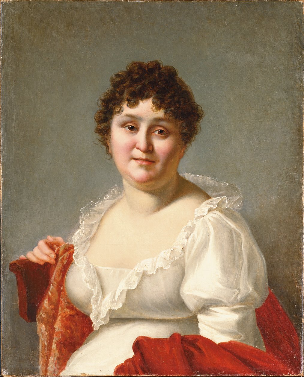 Retrato de Madame Regnault, na altura do busto, em um vestido branco e xale de caqui (óleo sobre tela) de Jean Baptiste Regnault