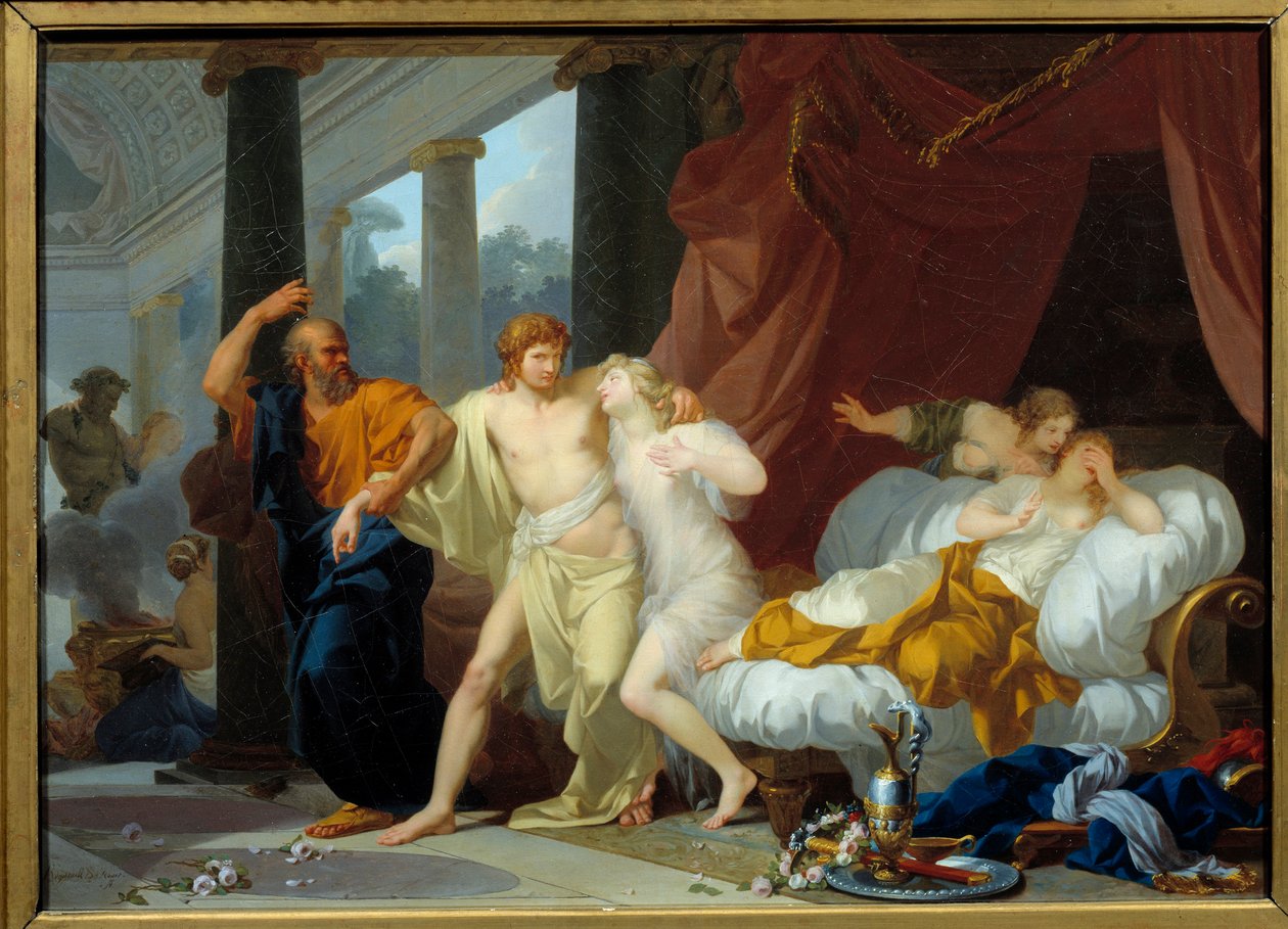 Sócrates puxando Alcibiade do seio do voluptuoso O filósofo Sócrates treina seu discípulo Alcibiade (450-404 AC) para longe dos lugares de perdição. Pintura de Jean Baptiste Regnault (1754-1829) 1791 Sol. 0,46x0,63 m de Jean Baptiste Regnault