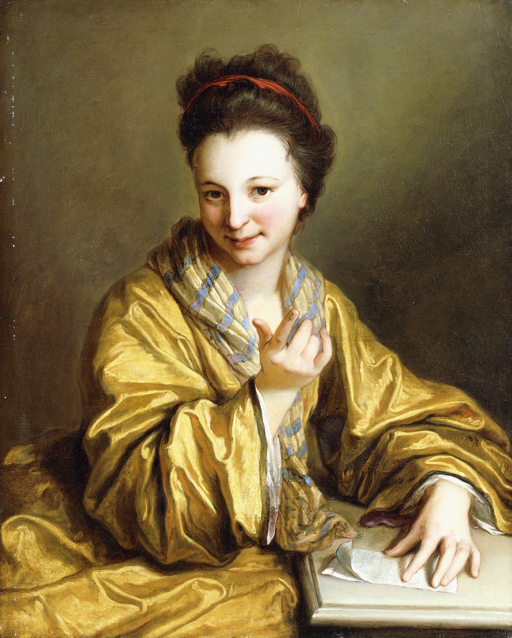 Uma jovem, vestindo uma túnica amarela, sentada à mesa, acenando, 1703 de Jean Baptiste Santerre