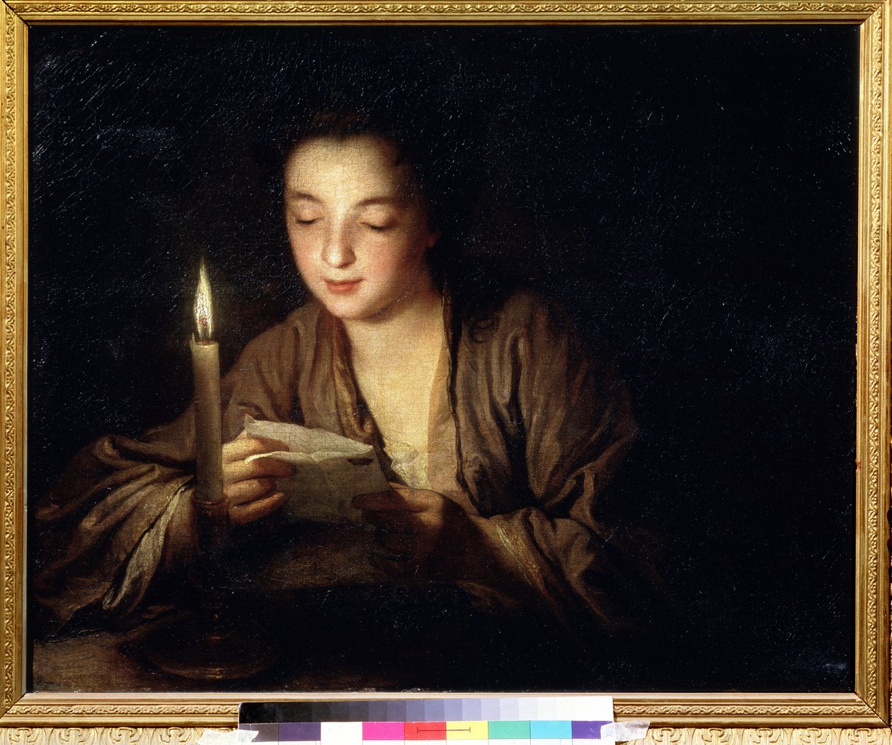 Rapariga com uma vela. Pintura de Jean Baptiste Santerre (1658-1717). Óleo sobre tela, 64 x 79 cm, ca. 1700. A arte francesa do século XVIII. Pushkin Museum of Fine Arts, Moscovo. de Jean Baptiste Santerre