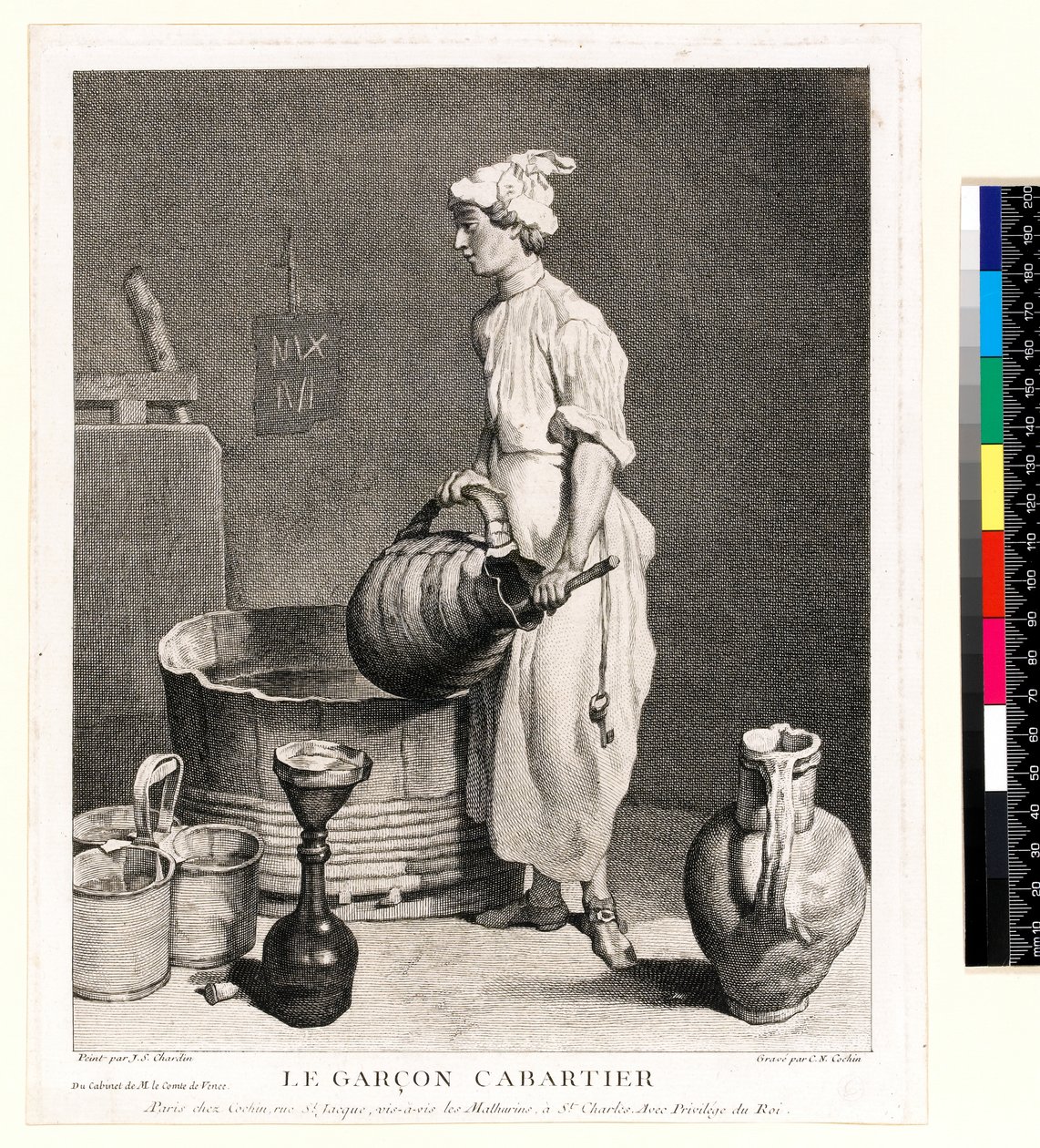 Le Garçon Cabaretier (The Cellar Boy) gravado por Charles Nicolas Cochin I (1688-1754) 1750 (gravura e gravação) de Jean Baptiste Simeon (after) Chardin