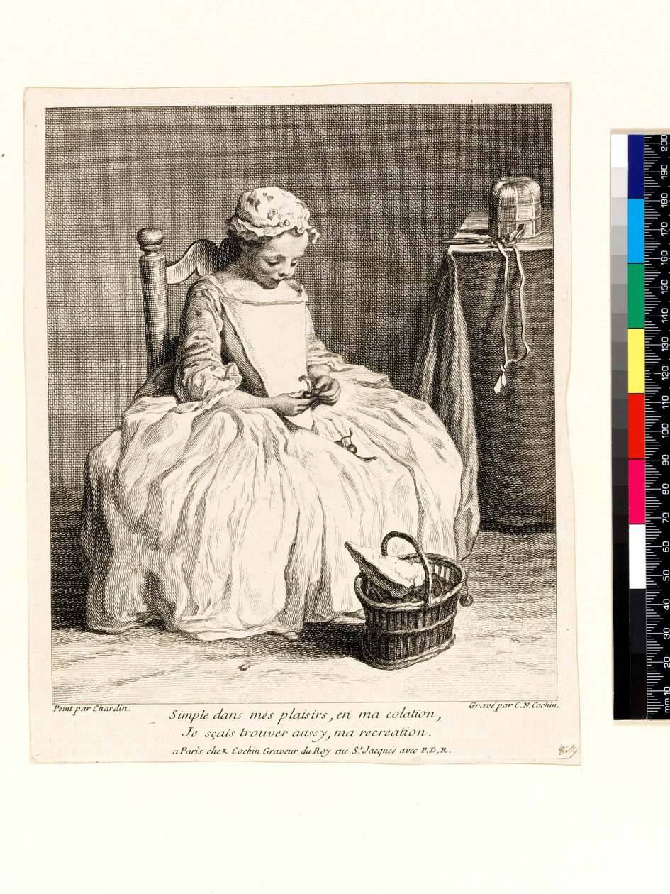 Menina com seu almoço (La Petite Fille aux Cerises) gravada por Charles Nicolas Cochin I (1688-1754) 1738 (gravura e gravação) de Jean Baptiste Simeon (after) Chardin
