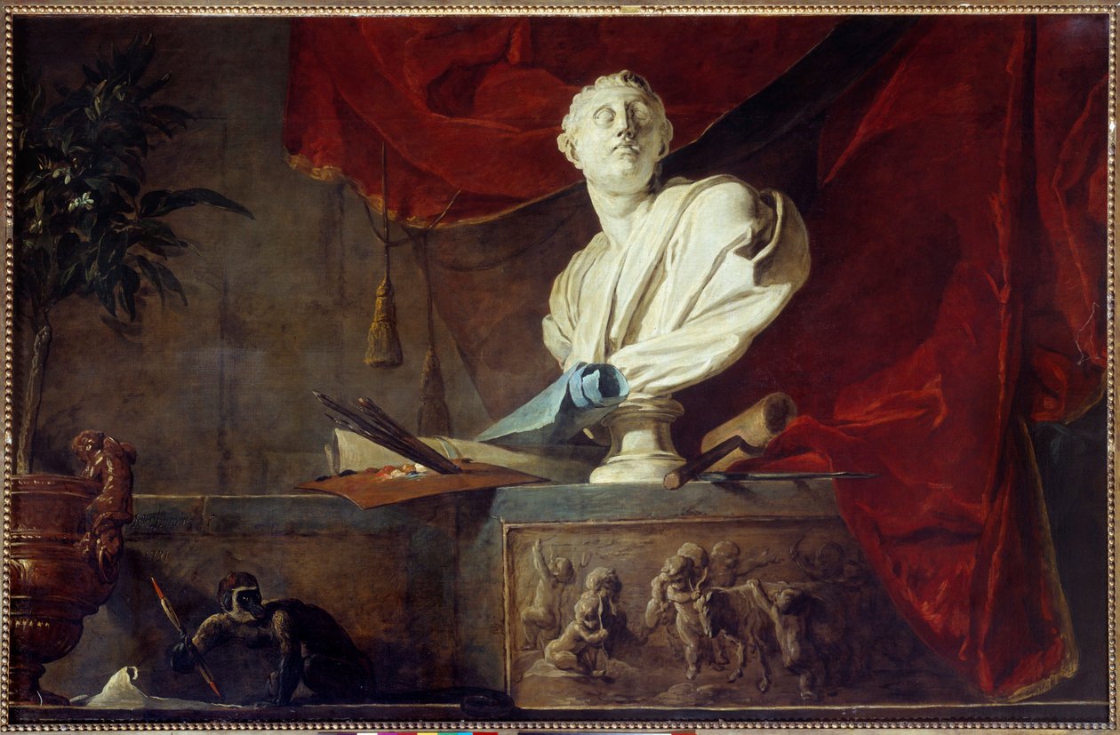 Alegoria das Artes Natureza Morta busto esculpido, paleta e pincéis, lona, rolo. Pintura de Jean Baptiste Simeon Chardin (1699-1779) Paris do século XVIII, Musee Jacquemart Andre de Jean Baptiste Simeon Chardin