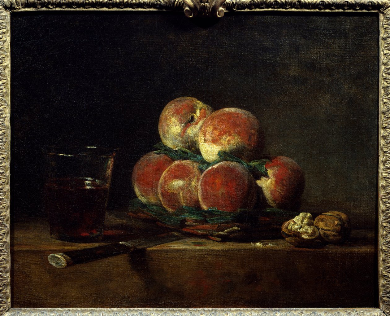 Cesto de figos com nozes, faca e copo de vinho Pintura de Jean Baptiste Simeon Chardin (1699-1779) 1768 Dim. 0,32x0,39 m Paris, Musee du Louvre de Jean Baptiste Simeon Chardin