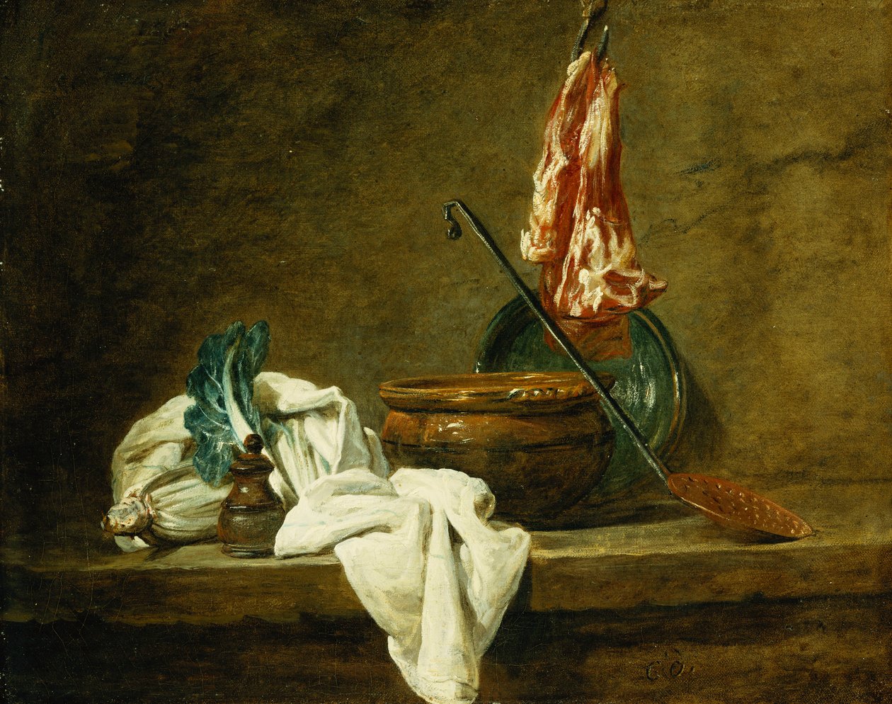 Beterraba, uma Caixa de Especiarias, um Pano de Prato, uma Panela, um Prato de Barro Vidrado, um Skimmer, com Carne em um Gancho, em uma Borda, 1734 de Jean Baptiste Simeon Chardin