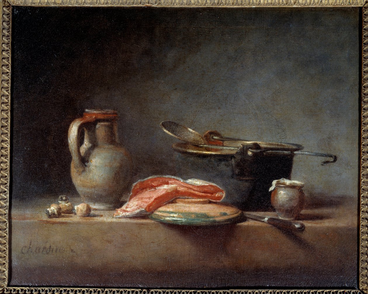 Panela de cobre, escumadeira, jarro e fatia de salmão. Natureza morta. Jean Baptiste Simeon Chardin (1699 - 1779) de Jean Baptiste Simeon Chardin