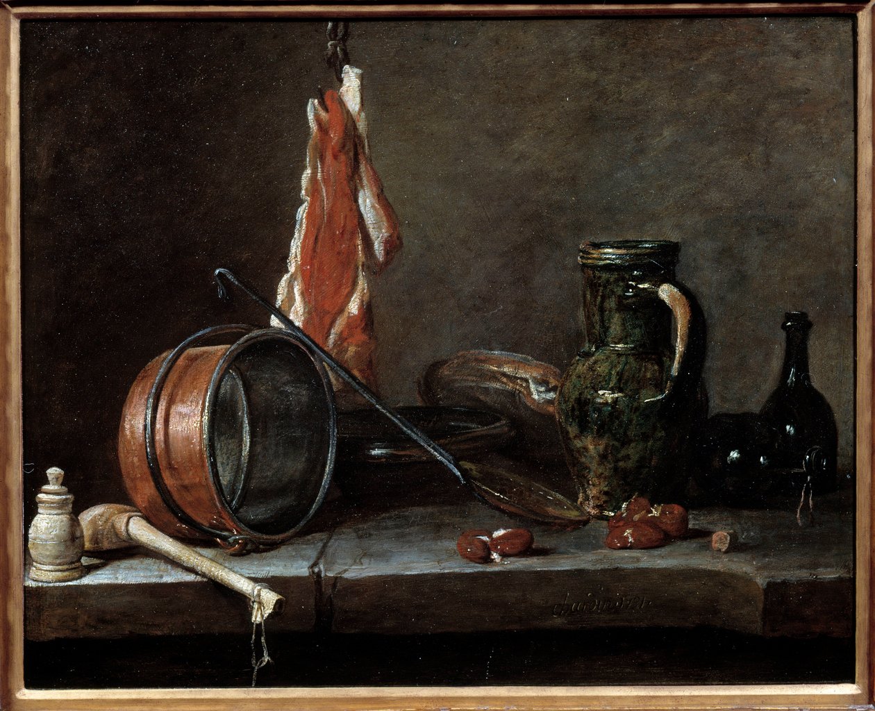 Ementa gorda e utensílios de cozinha. Natureza morta. Pintura de Jean Baptiste Simeon Chardin (1699-1779) de Jean Baptiste Simeon Chardin