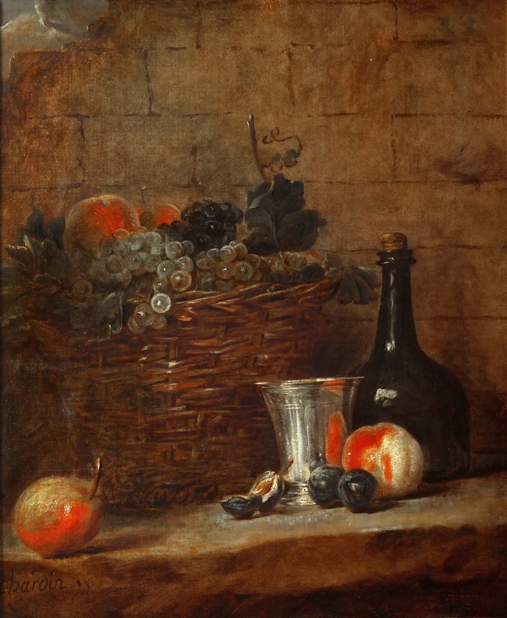 Cesta de frutas com uvas, um cálice de prata e uma garrafa, pêssegos, ameixas e uma pêra de Jean Baptiste Simeon Chardin