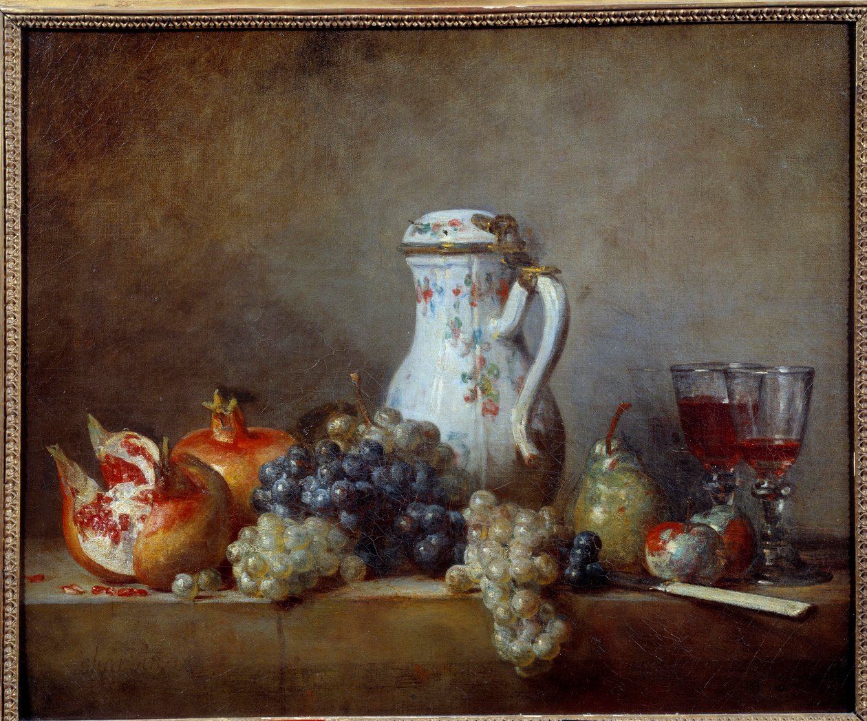 Pintura de Uvas e Granadas de Jean Baptiste Simeon Chardin (1699-1779) 1763 Sol. 0,47x0,57 m - Uvas e romãs. Pintura de Jean Baptiste Simeon Chardin (1699-1779) de Jean Baptiste Simeon Chardin