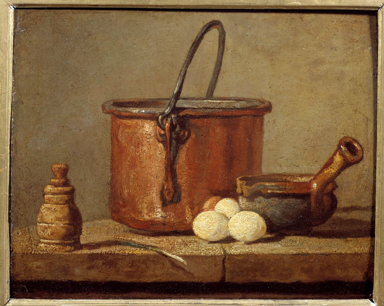 Utensílios de cozinha, caldeirão, poelão e ovos Pintura de Jean baptsite Simeon Chardin (1699-1779) Sol do século XVIII. 0,21x0,17 m de Jean Baptiste Simeon Chardin