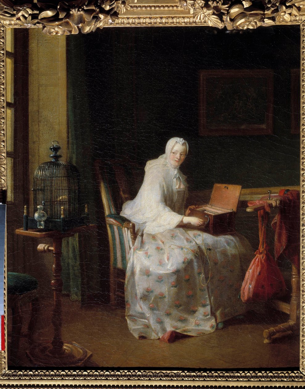 La serinette ou dame variante ses diversões Pintura de Jean Baptiste Simeon Chardin (1699-1779) Século XVIII Sol. 0,50 x 0,43 m de Jean Baptiste Simeon Chardin