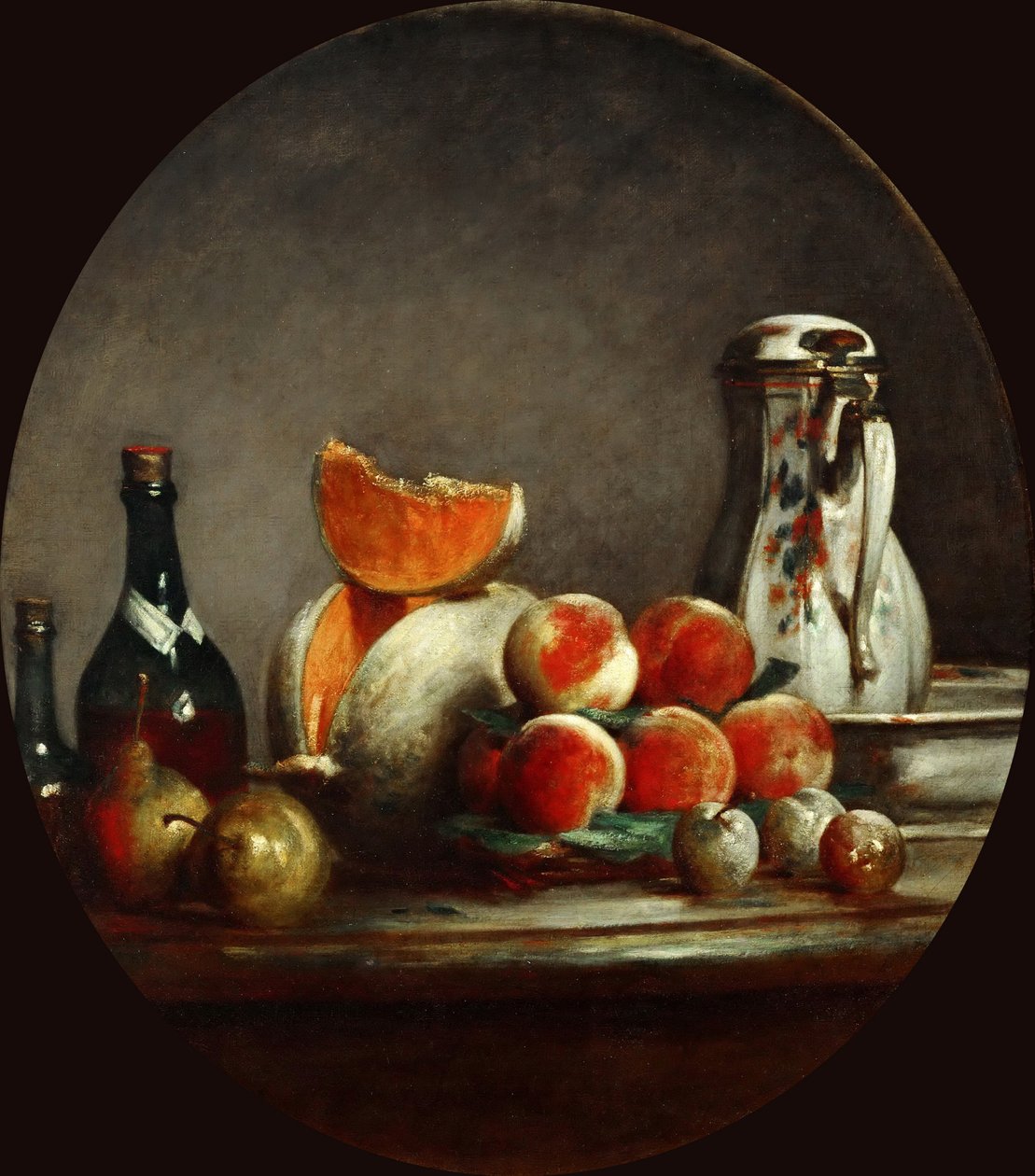 Melões, peras, pêssegos e ameixas, ou o melão cortado, 1760 de Jean Baptiste Simeon Chardin