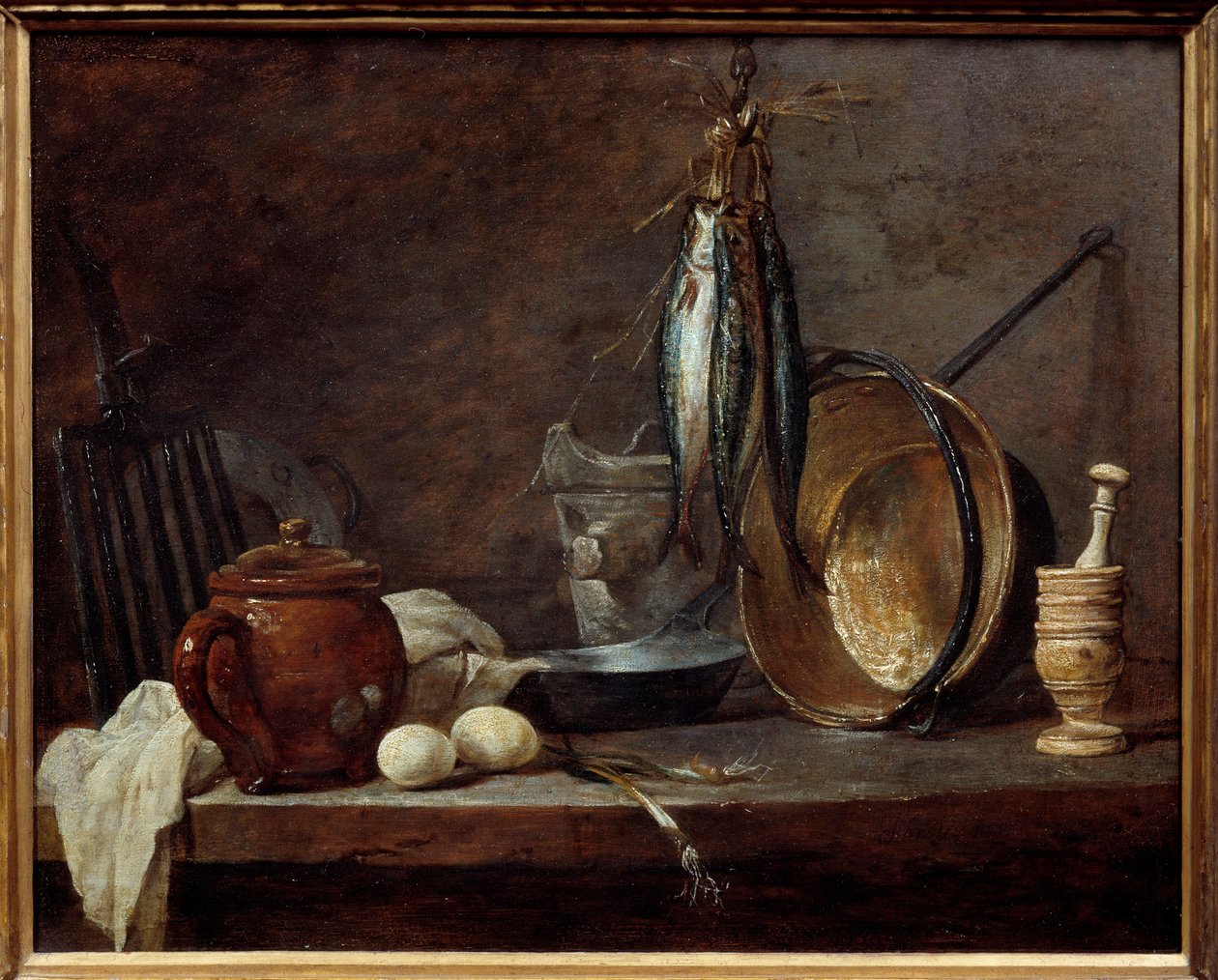 Ementa de utensílios magros e de cozinha. Natureza morta. Pintura de Jean Baptiste Simeon Chardin (1699-1779) de Jean Baptiste Simeon Chardin