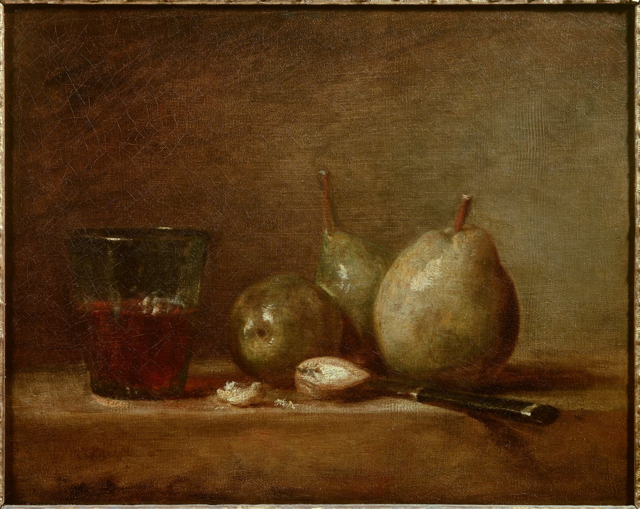 Peras, nozes e copos de vinho. Natureza morta. Pintura de Jean Baptiste Simeon Chardin (1699-1779) de Jean Baptiste Simeon Chardin