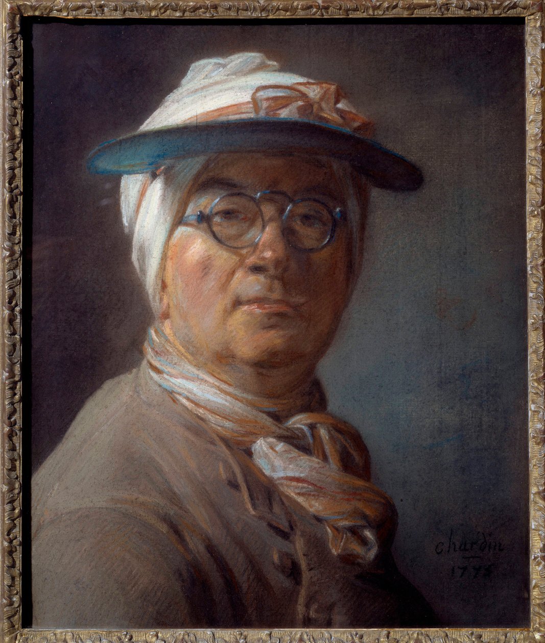 Auto-retrato chamado retrato um abajur verde Pastel pintado por Jean Baptiste Simeon Chardin (1699-1779) 1775 Sol. 0,46x0,38 m - Meio-retrato (com a sombra verde) - Pintura de Jean Baptiste Simeon Chardin (1699-1779), pastel sobre papel (46x38 cm) de Jean Baptiste Simeon Chardin