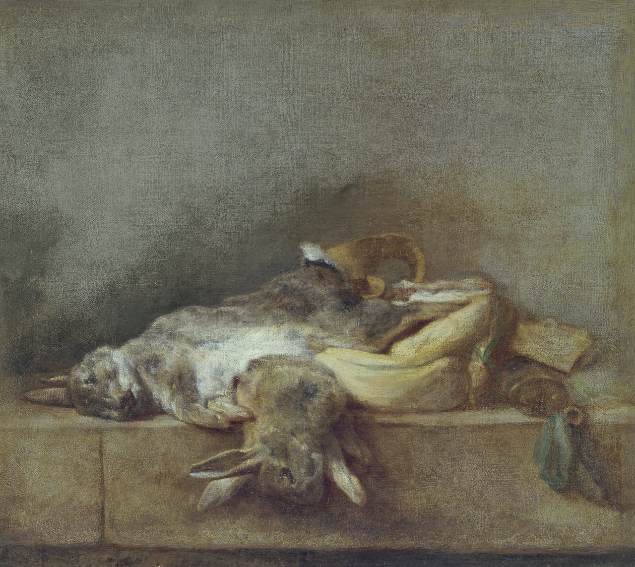 Ainda vida com coelhos, um Gamebag e um chifre de pó, c.1755 de Jean Baptiste Simeon Chardin
