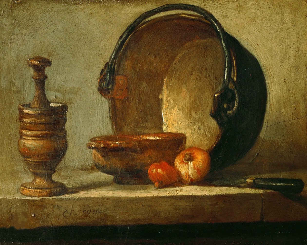 Natureza morta com caldeirão de cobre, 1732. de Jean Baptiste Simeon Chardin