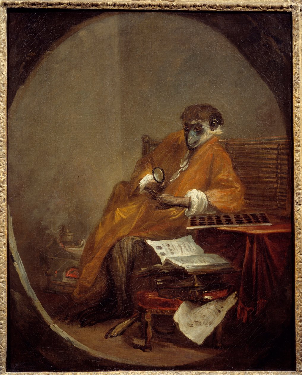 O macaco antigo. Representação de um macaco na postura do homem. Pintura de Jean Baptiste Simeon Chardin (1699-1779) de Jean Baptiste Simeon Chardin