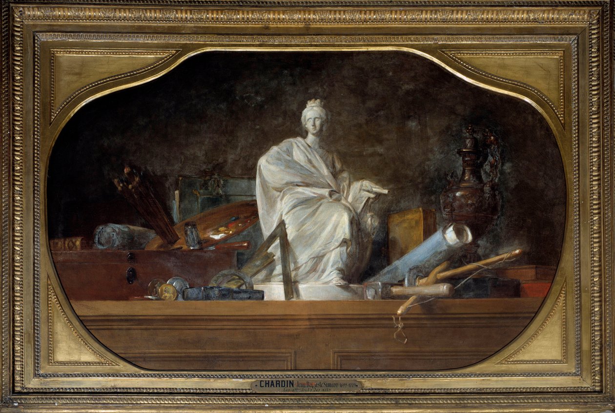 Os atributos da Alegoria das Artes com ferramentas de escultor, estatueta. Pintura de Jean Baptiste Simeon Chardin (1699-1779) 1765 Sol. 0,91x1,45 m de Jean Baptiste Simeon Chardin