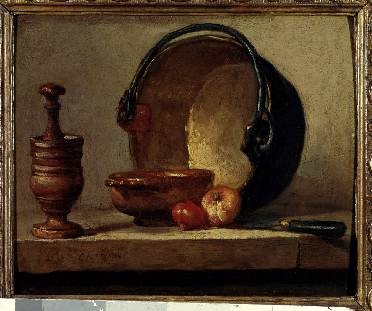 O chaudon de cobre ainda vivo com argamassa e cebolas. Pintura de Jean Baptiste Simeon Chardin (1699-1779) 1732 Paris, Musee Cognacq Jay de Jean Baptiste Simeon Chardin